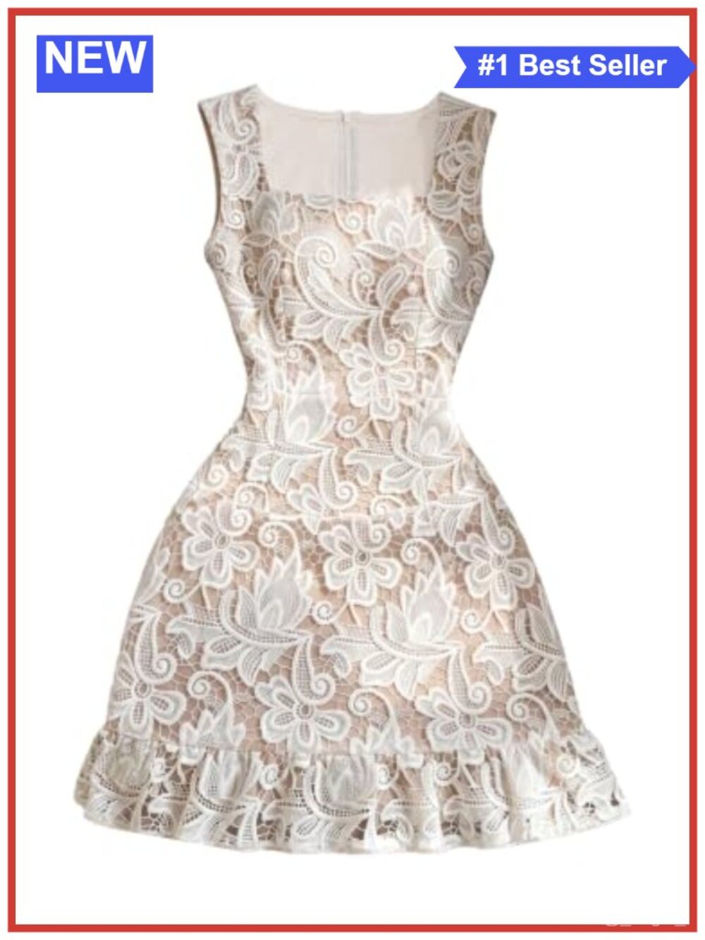 Lace Floral Bodycon Square Neck Mini Dress Sleeveless Ruffle Hem Going Out